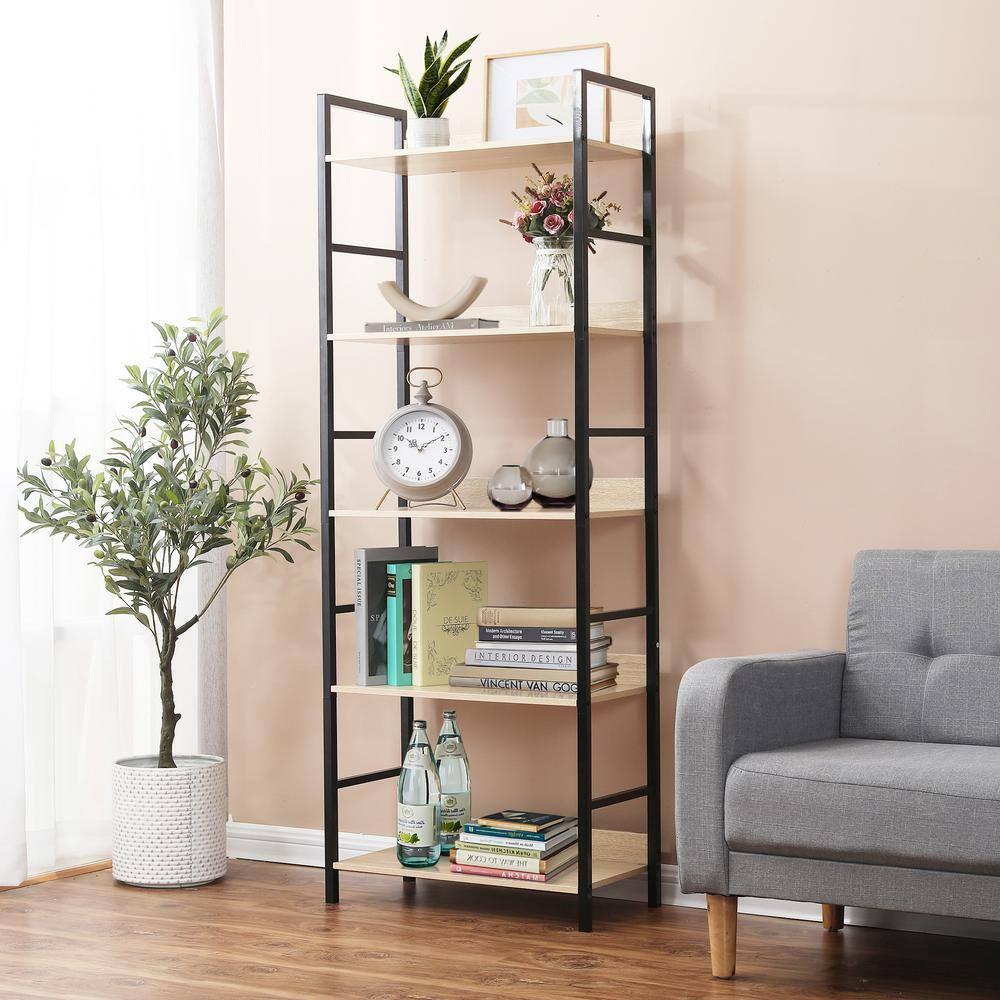 LuxenHome 5-Shelf 63" H x 23.62" W Wood and Metal Etagere Bookcase Brown