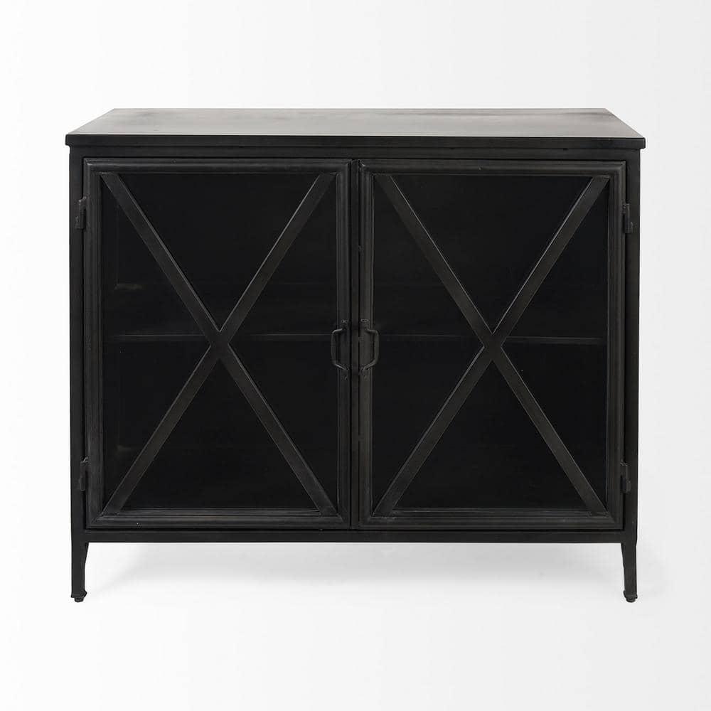 Poppy Black Iron Glass Paneled Distressed Sideboard with Storage