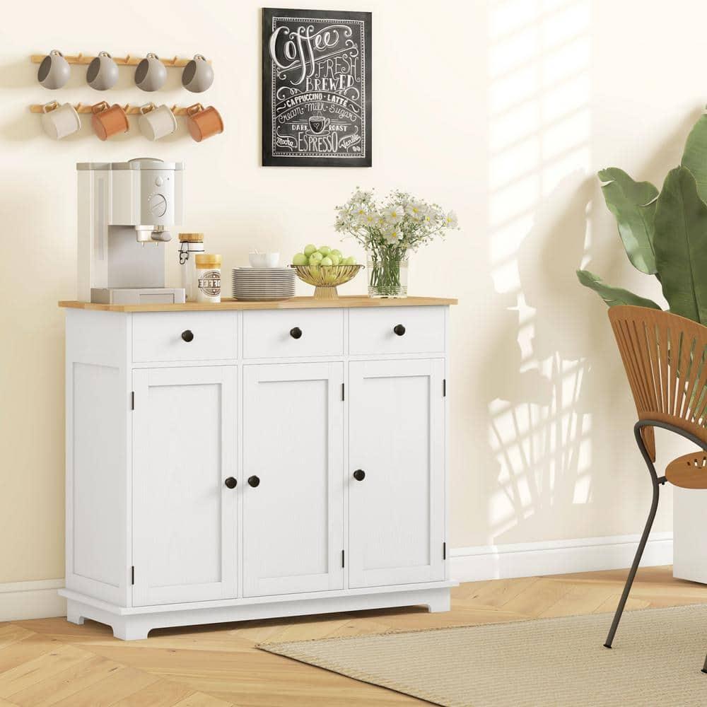 HOMCOM Kitchen Storage Cabinet, Sideboard Floor Cupboard with Solid Wood Top, Adjustable Shelf, and 3 Drawers for Living Room, Distressed White