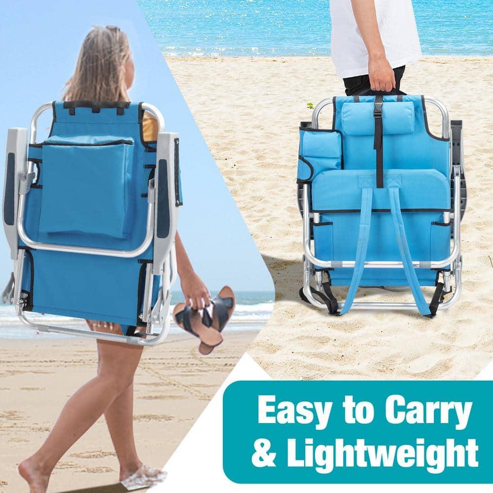 Tcbosik Reclining Beach Chair, 5-Position Adjustable Lay Flat Lounge Chair for Adults, Portable Folding with Cooler Pouch, Camping Chair for Outdoor, Blue