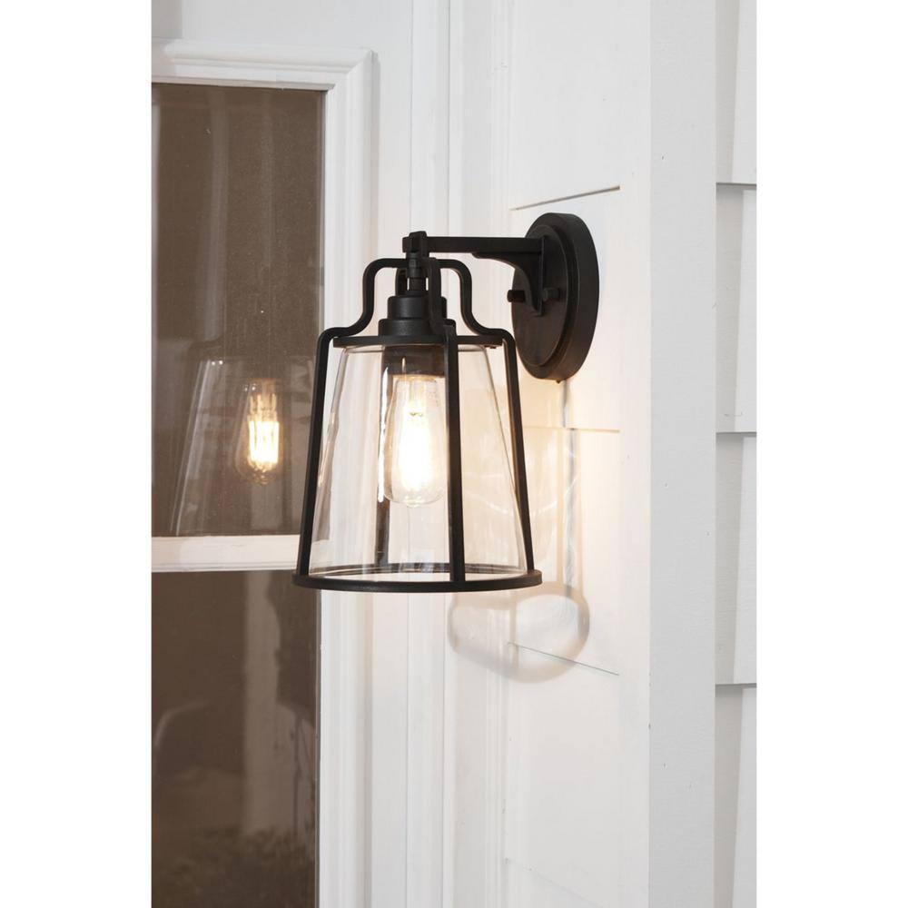 Progress Lighting Benton Harbor 1-Light Wall Lantern in Black with Clear Glass Shade