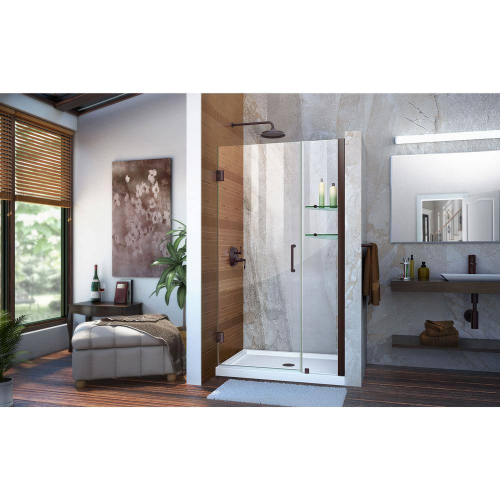 Unidoor Frameless Hinged Shower Door with Glass Shelves