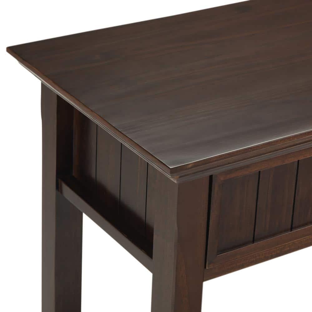 Simpli Home Acadian 60"W Solid Wood Wide Storage Console Table in Brunette Brown with Three Drawers and Open Shelf