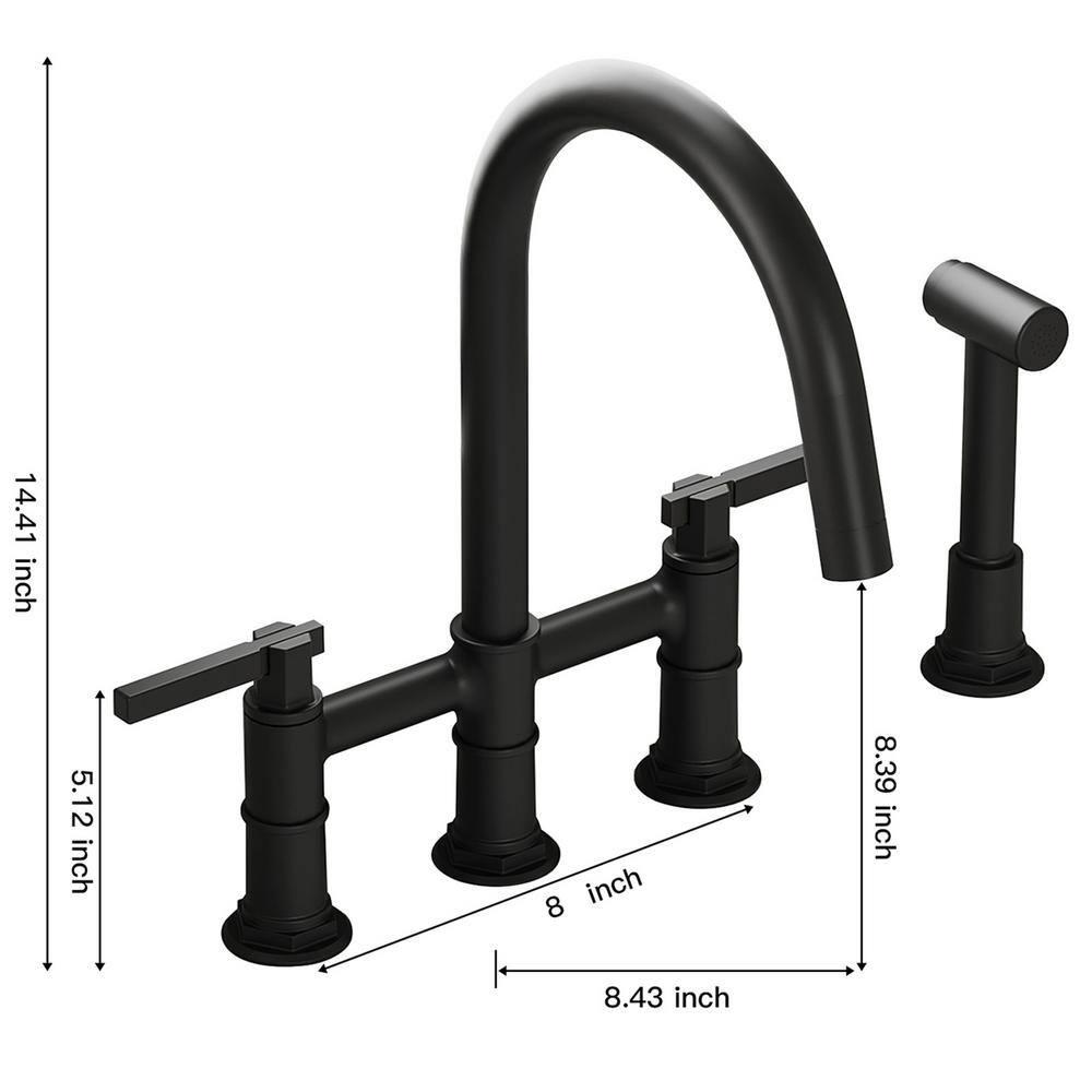 Double Handle Bridge Kitchen Faucet with Side Sprayer in Matte Black