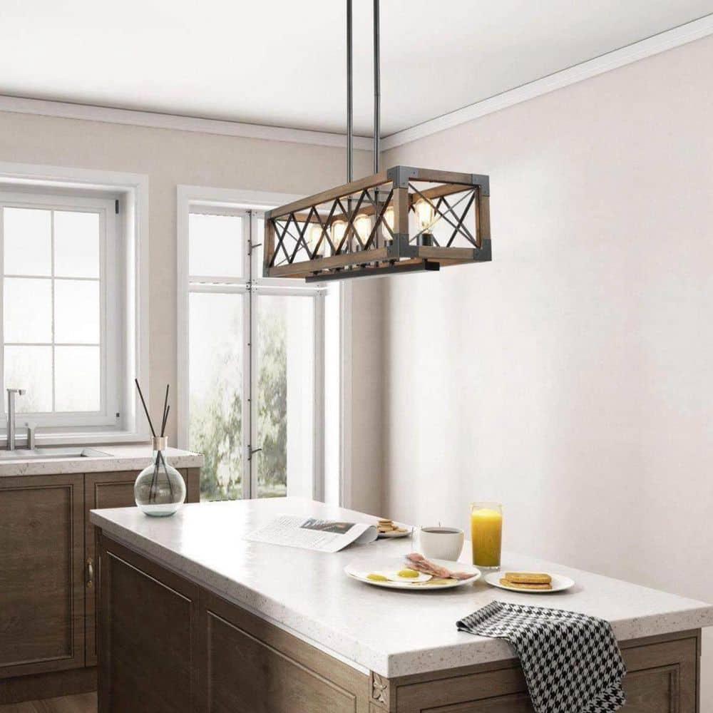 Farmhouse 5-Light Wood and Black Metal Chandelier, Rectangular Kitchen Island Light Fixture