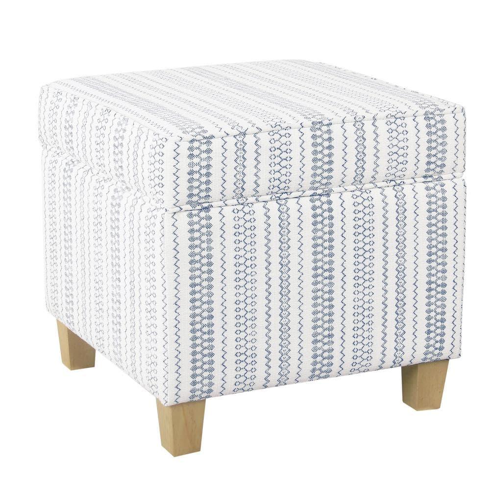 Cole Classics Square Storage Ottoman with Lift Off Top Blue Striped - HomePop: Farmhouse Accent, Wood Legs
