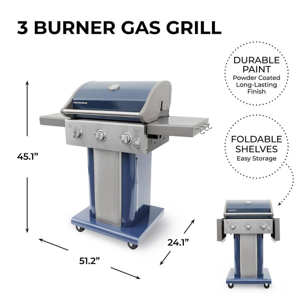 Permasteel 3-Burner Compact Propane Gas Grill with Foldable Side Tables and Grilling Tool Hooks