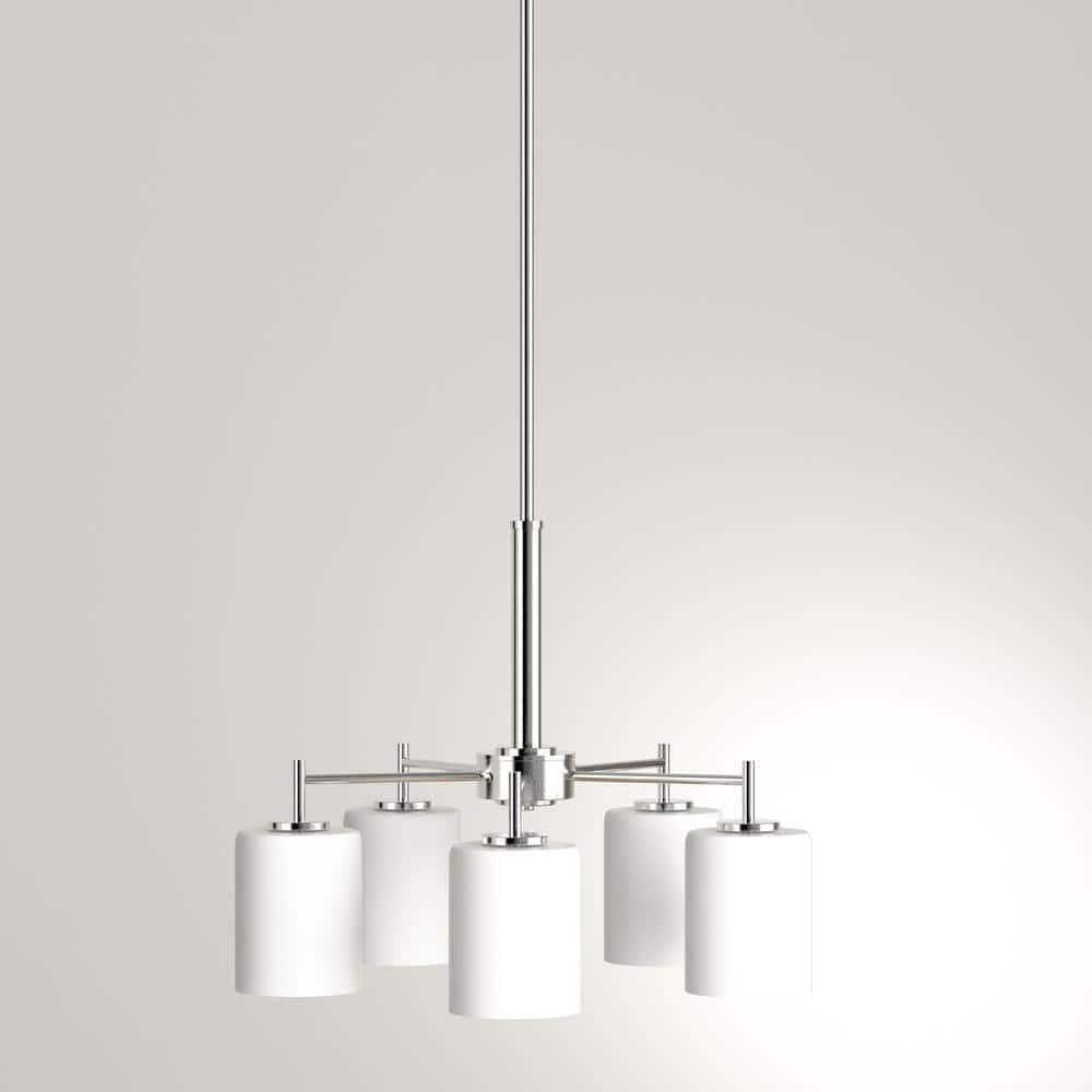 Progress Lighting Replay 5-Light Chandelier, Steel, Polished Nickel, White Glass Shades