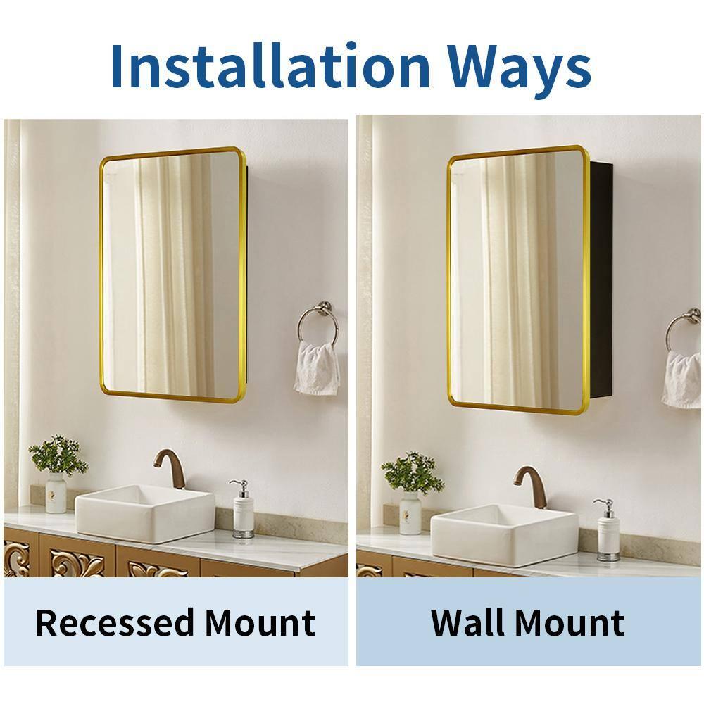 Movo Mirror Medicine Cabinet 20 Inch x 28 Inch Gold Metal Framed Bathroom Medicine Cabinet with Mirror Rectangle Recess or Surface Mount Installation