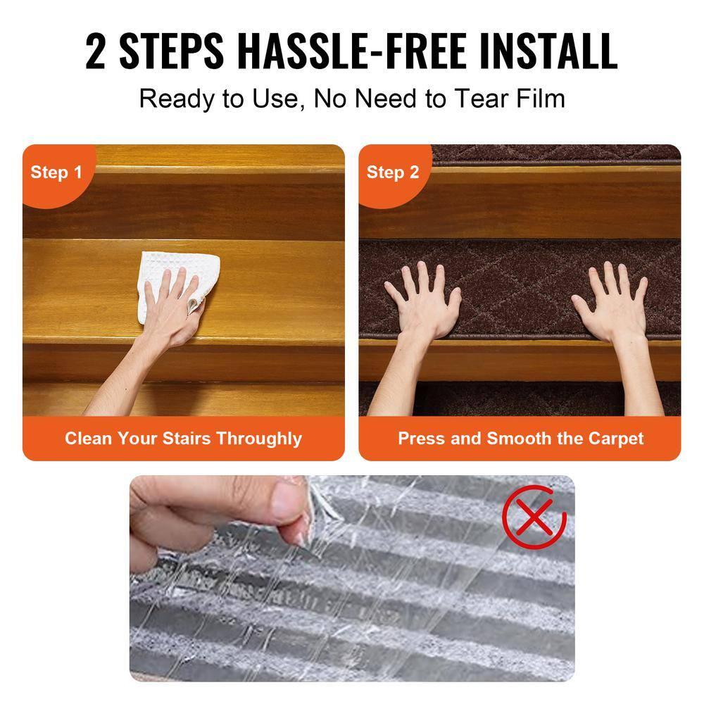 VEVOR Non-Slip Stair Treads, 9" x 28", Brown - 15 pcs, Indoor Carpet Runner for Wooden Steps with Soft Edging, Anti-Slip Stair Mats for Kids, Elders, and Dogs