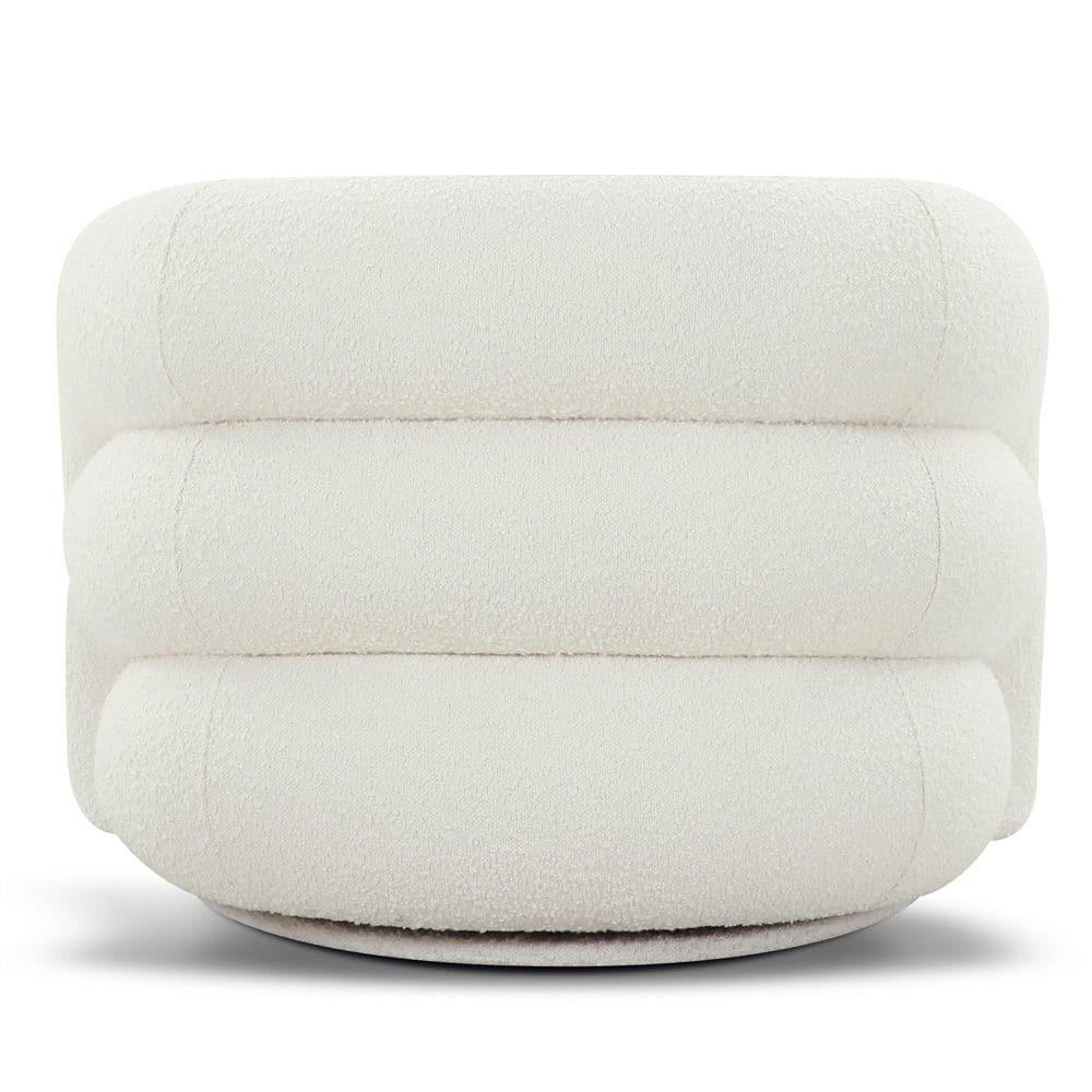 Ivory White Boucle Swivel Accent Chair with Wood Base