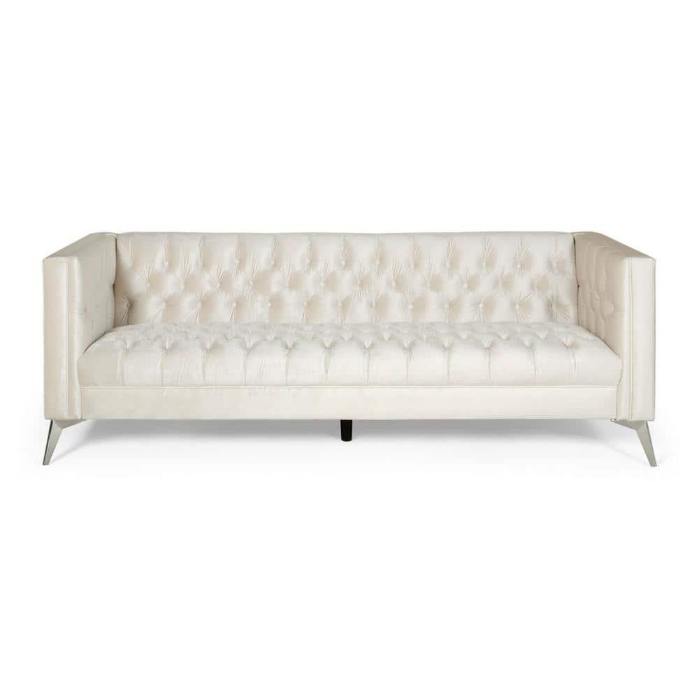 Noble House Camden Tufted Velvet Sofa, Beige, Silver