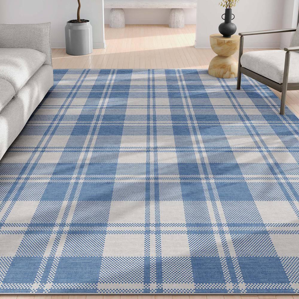 Well Woven Apollo Plaid Modern Blue Flat Pile Easy to Clean 5' x 7' Area Rug for Living Room Dining Room Bedroom and Kitchen