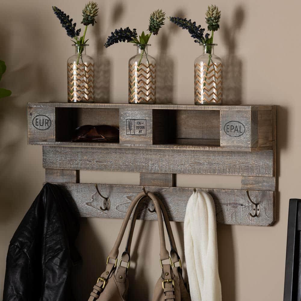 Baxton Studio Ferguson Vintage Rustic Whitewashed Oak Finished Wood Wall Mounted Coat Rack with Shelves Oak: Metal Accents, No Assembly Required
