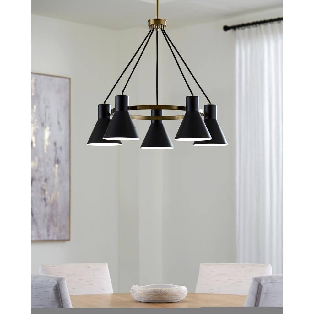 Satin Brass 5-Light Chandelier with Black Steel Shade