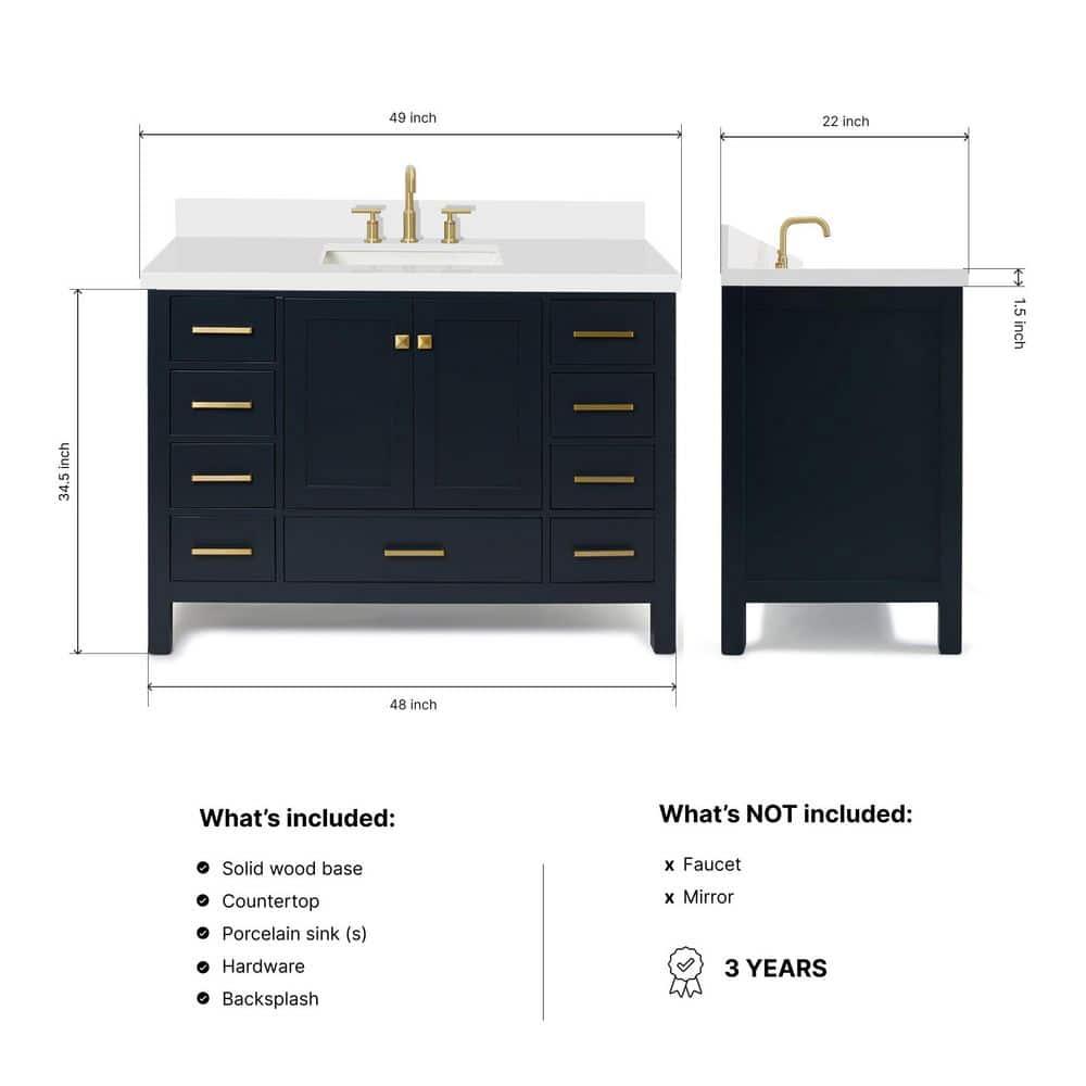 ARIEL 49" Bathroom Vanity with 1.5" Edge Pure White Quartz Countertop & Backsplash, Center Rectangular Sink, 2 Soft Closing Doors, 9 Full Extension Dovetail Drawers, Brushed Nickel - Midnight Blue