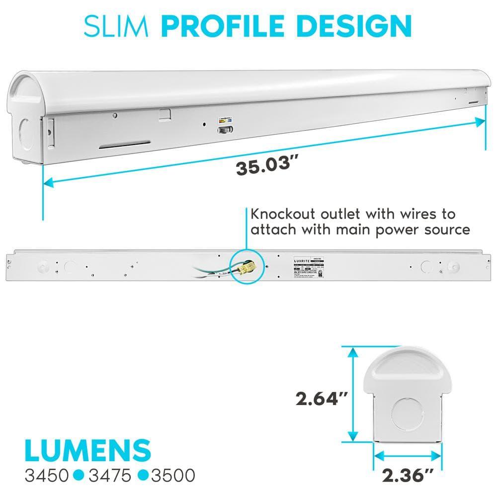Luxrite 3FT Slim LED Shop Light, 25W, 3450 Lumens, 3 Color Selectable 3500K-5000K, 0-10V Dimmable, Damp Rated UL Listed