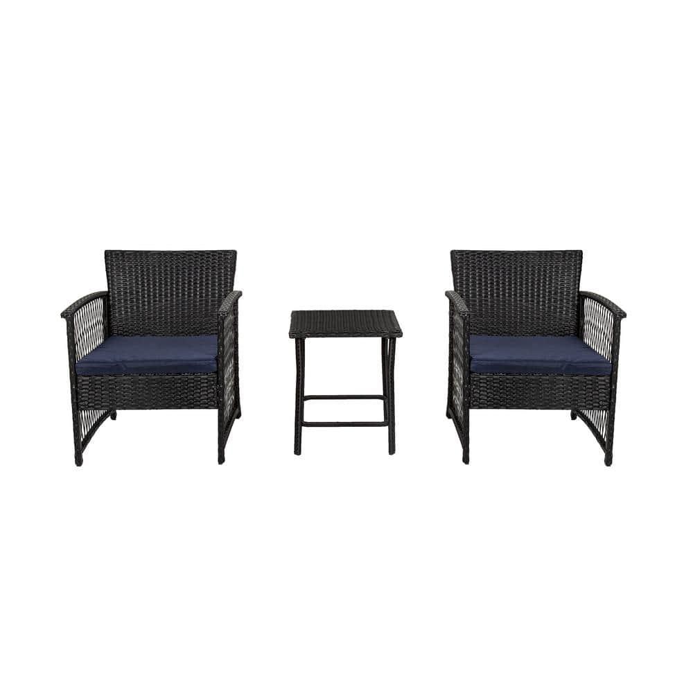 Costaelm Bistro Costa 3-Piece Patio Conversation Set Black PE Rattan Wicker, Black/Navy