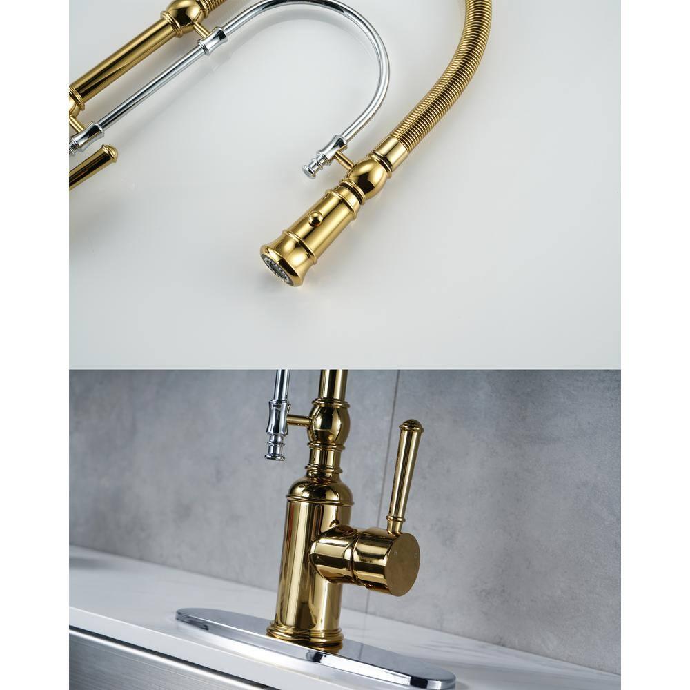 Single Handle Convenient Pull Down Sprayer Kitchen Faucet in Gold and Chrome with Soap Dispenser