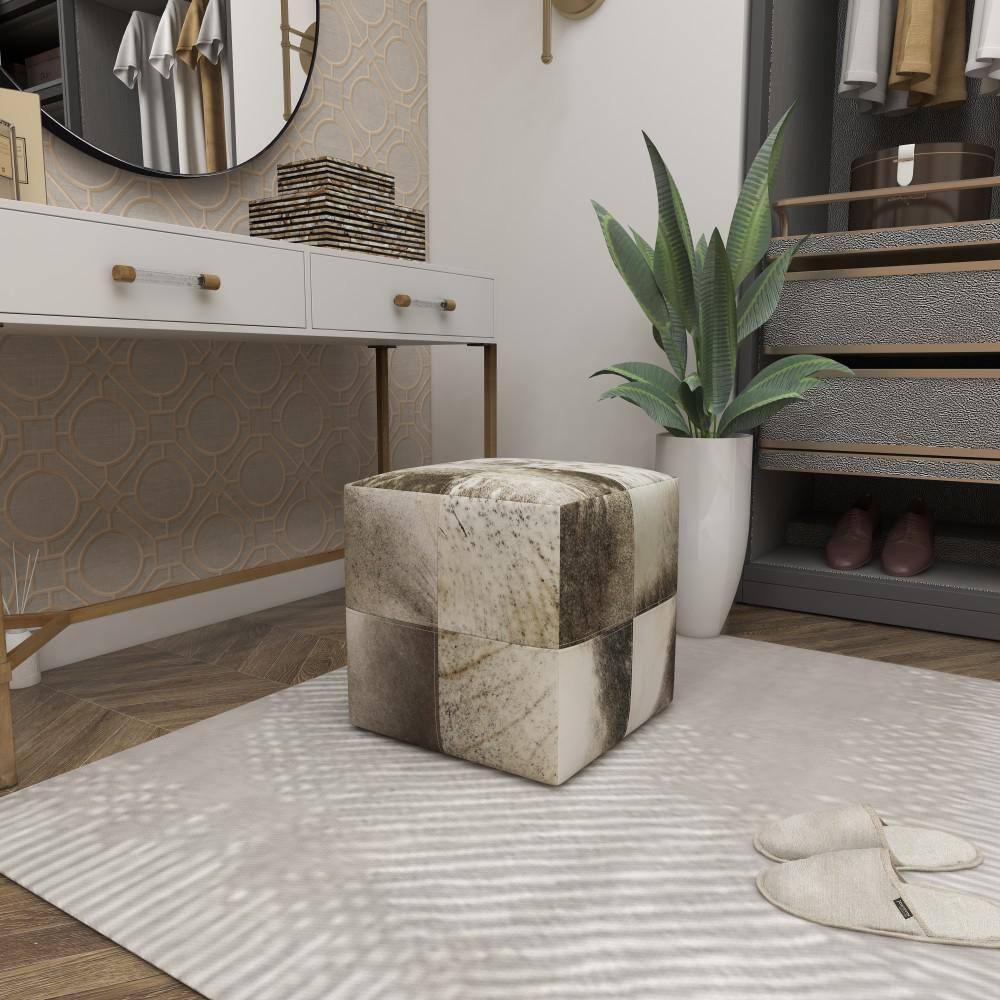 DecMode Leather Handmade Cowhide Stool with Patchwork Pattern, Gray