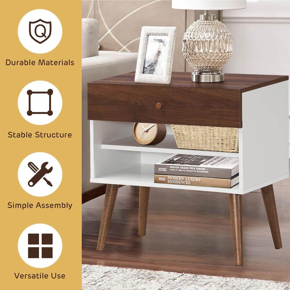 Costway 2PCS Nightstand End Side Table Drawer Storage Shelf Mid-Century Rubber Wood Leg