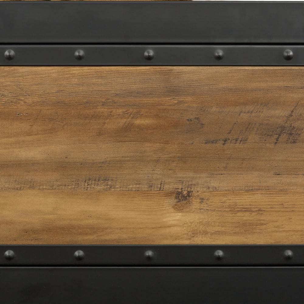 Rustic Oak Queen Bed with Metal Frame and Wood Headboard