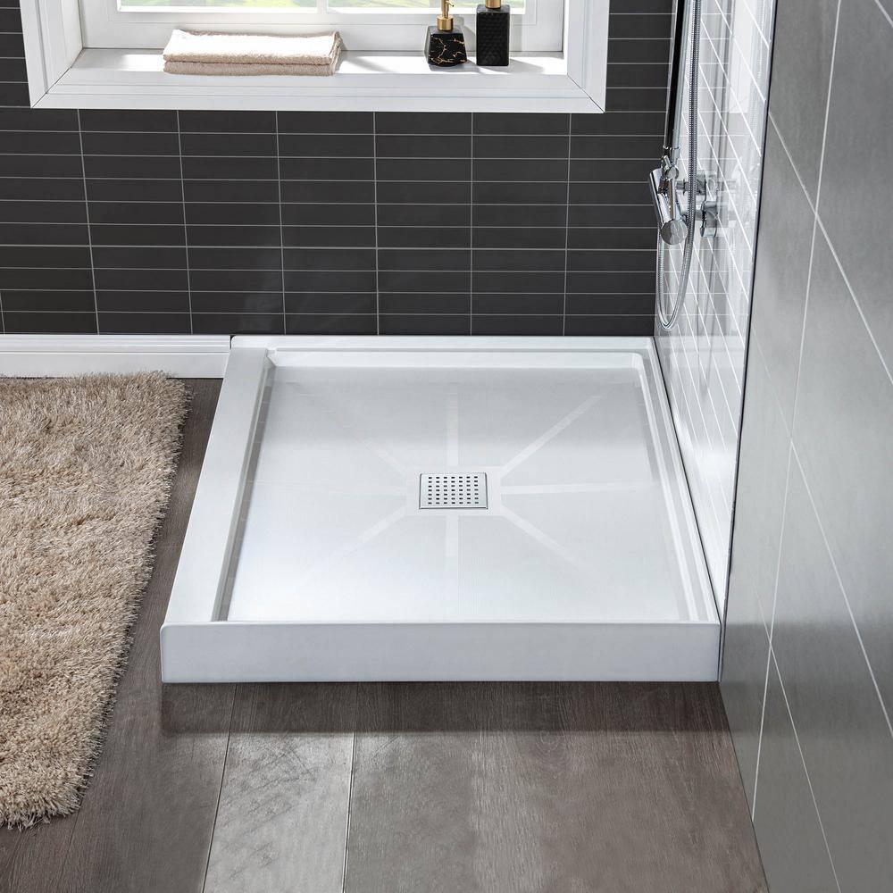 36" Solid Surface Square Single Threshold Shower Pan Base with Drain Assembly & Drain Cover Included, Non-Slip