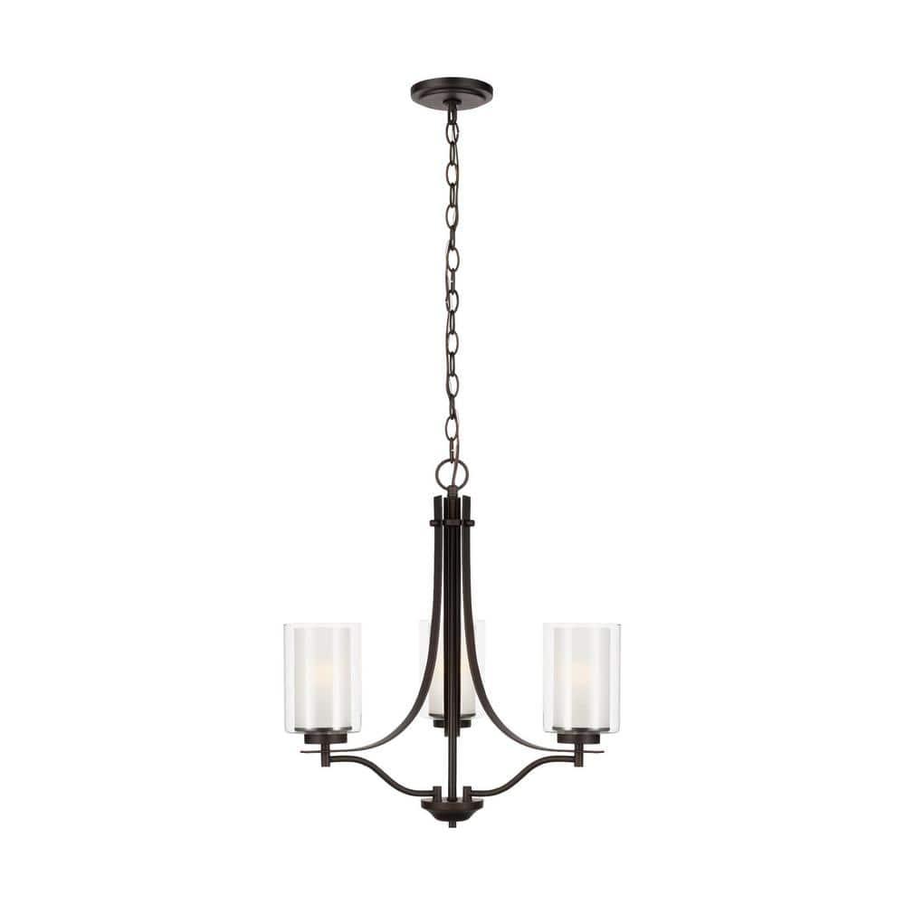 Elmwood Park 3-Light Bronze Modern Transitional Hanging Candlestick Chandelier with Satin Etched Glass Shades