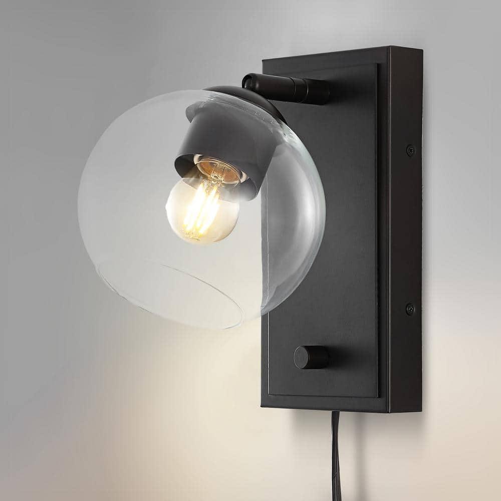 Hugo 6" 1-Light Minimalist Modern Plug-In or Hardwired Adjustable Iron LED Wall Sconce with Rotary Dimmer, Oil Rubbed Bronze with Clear Globe