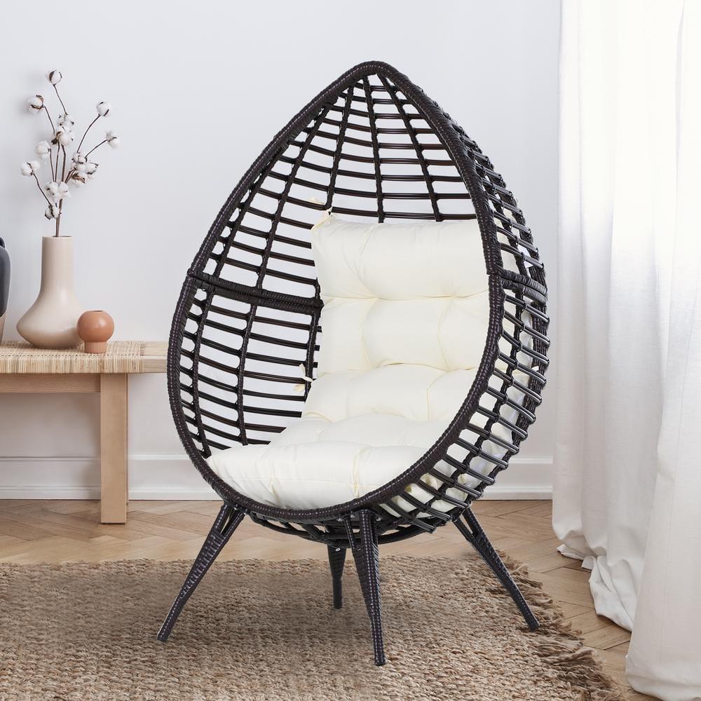Outsunny Wicker Egg Chair, Oversized Indoor Outdoor Boho Lounge, Hand-Woven Water-Safe PE Rattan Furniture with Cushion, Beige
