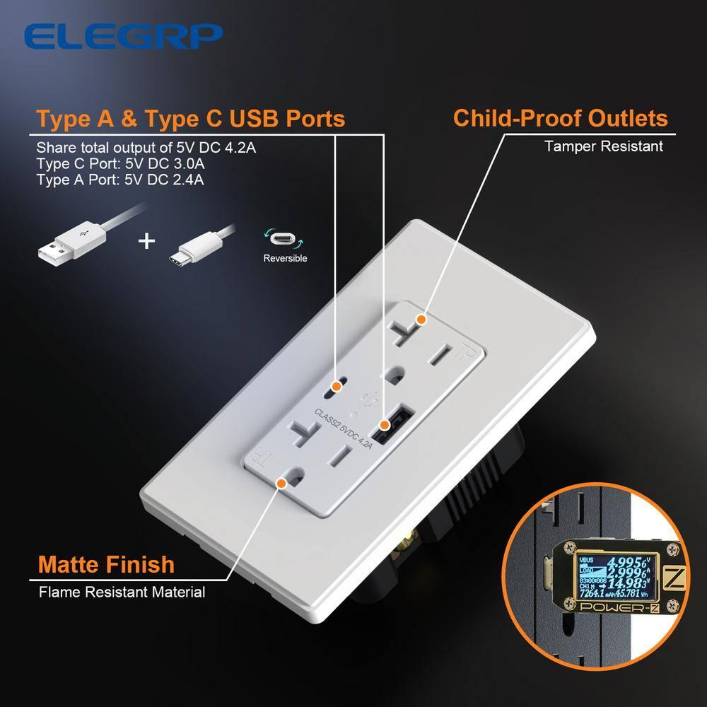 White 21W USB Wall Outlet with Type A and Type C Ports