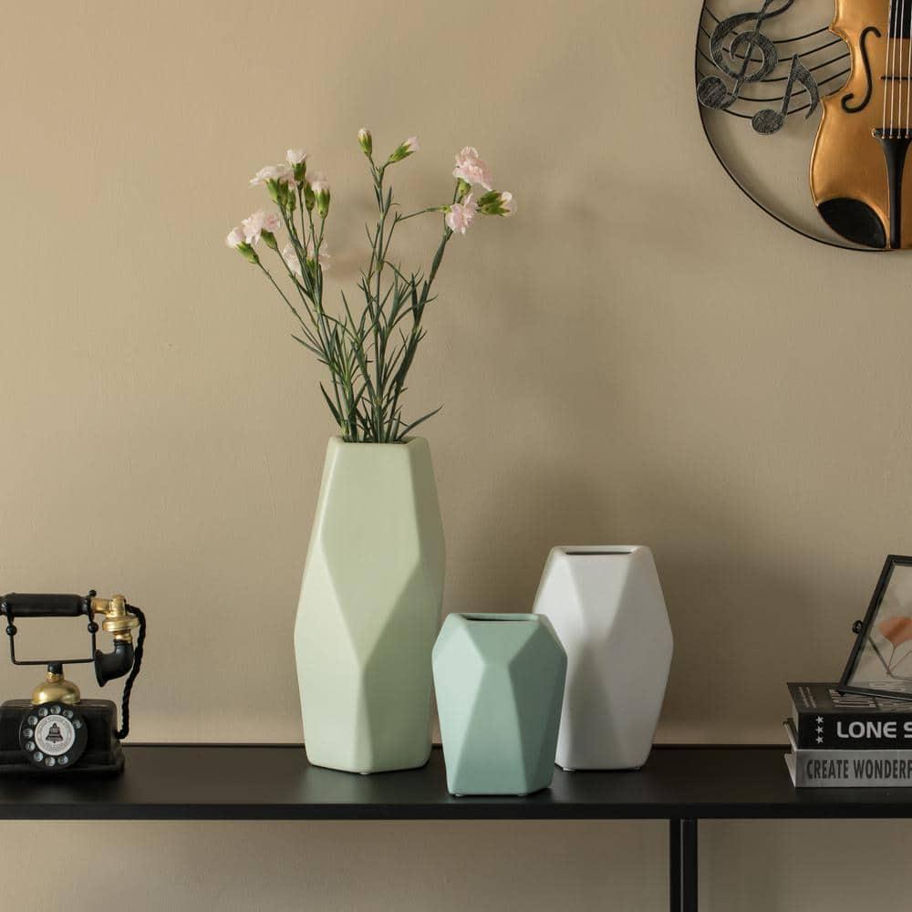 Uniquewise Decorative Ceramic Multi Paned Vase, Modern Style Centerpiece Table Vase Set of 3, Beige Large, White Medium, And Green Small