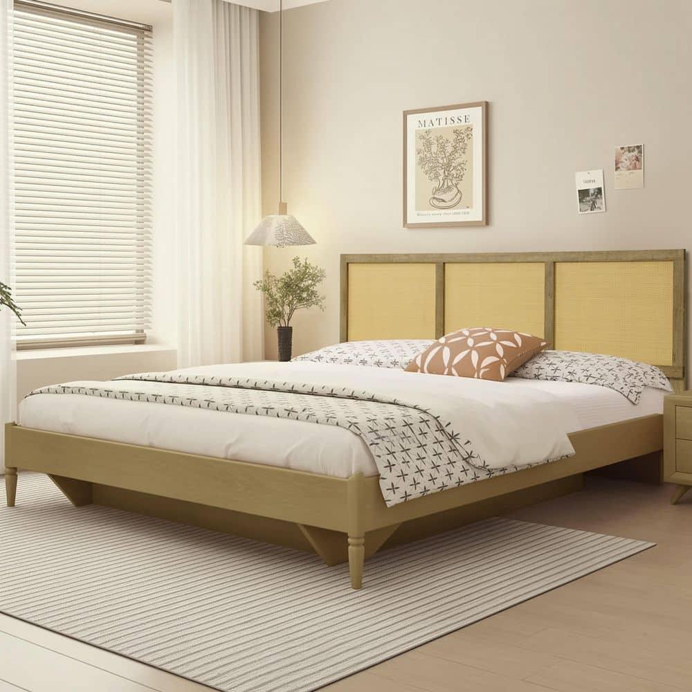 LuxenHome Natural Finish Rubberwood with Rattan Panels Headboard, Queen Brown