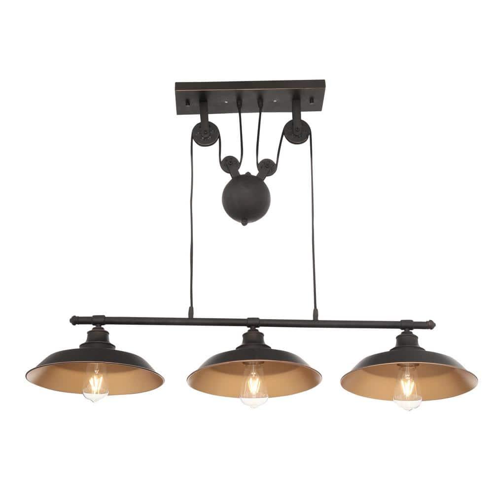 Westinghouse 6332500 Iron Hill Three-Light Indoor Island Pulley Pendant, Finish with Highlights and Metallic Interior, 3, Oil Rubbed Bronze/Bronze