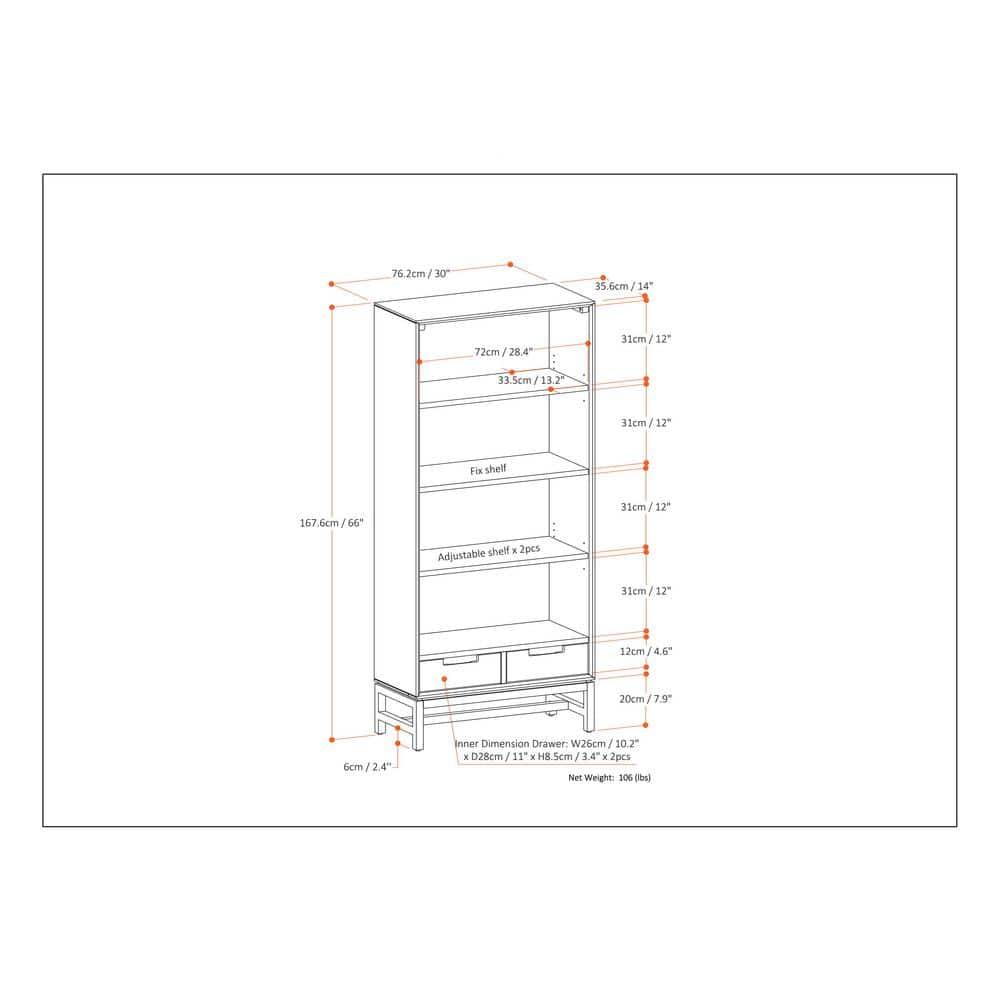 Simpli Home Banting 30"W Solid Wood 4 Shelf Industrial Bookcase with 2 Drawers, Adjustable Shelves, and Metal Base