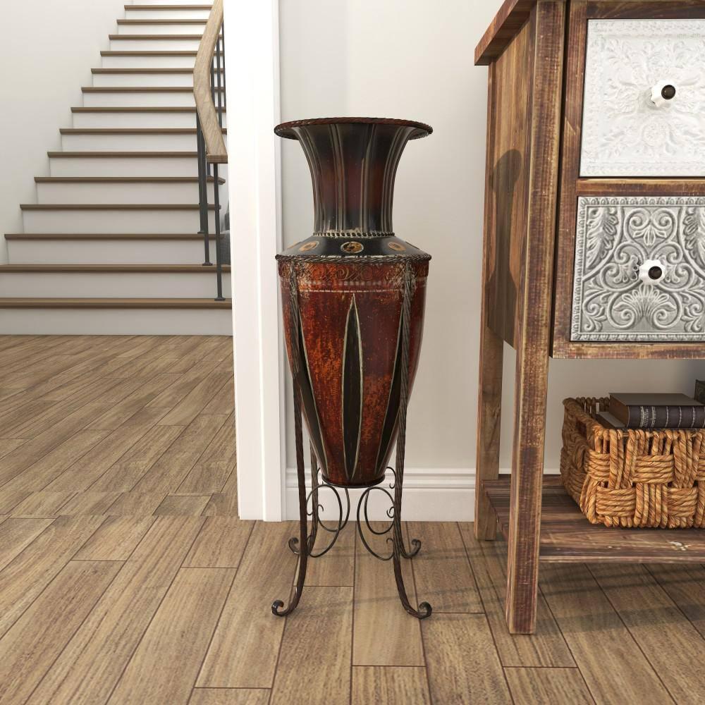 DecMode 27" Tall Brown Metal Vase with Attached Metal Stand and Intricate Design
