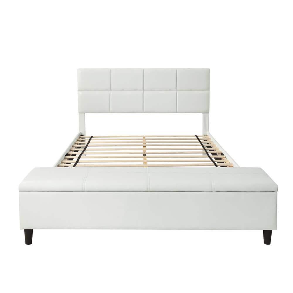 Full Kerwin Flannelette Bed with Bench Storage White - HOMES: Inside + Out: Upholstered Platform, No Box Spring Required