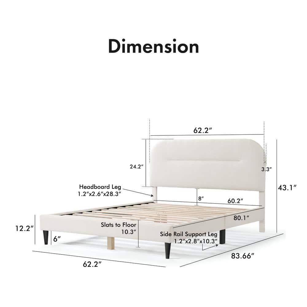 24/7 Shop At Home Queen Heartwild Modern Boucle Upholstered Rounded Platform Bed White: Padded Headboard, No Box Spring Required