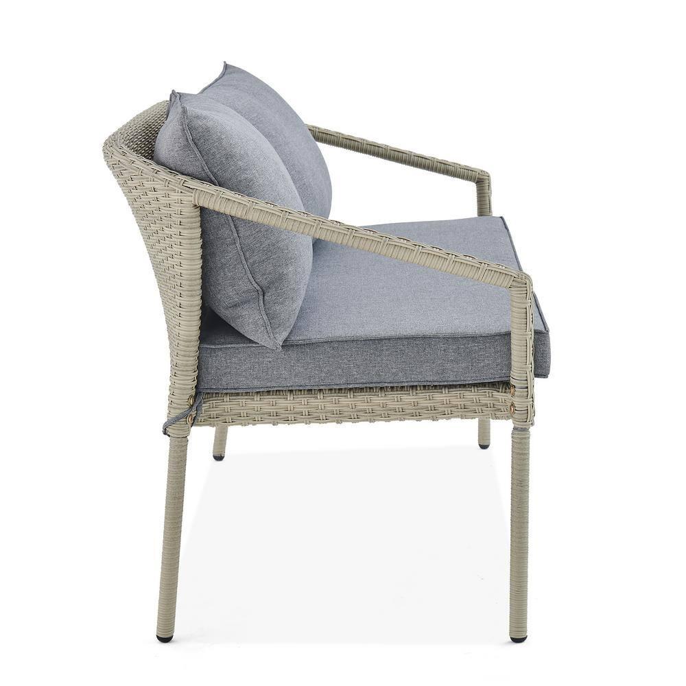 Windham All-Weather Wicker Two-Seat Outdoor Light Gray Bench with Dark Gray Cushions