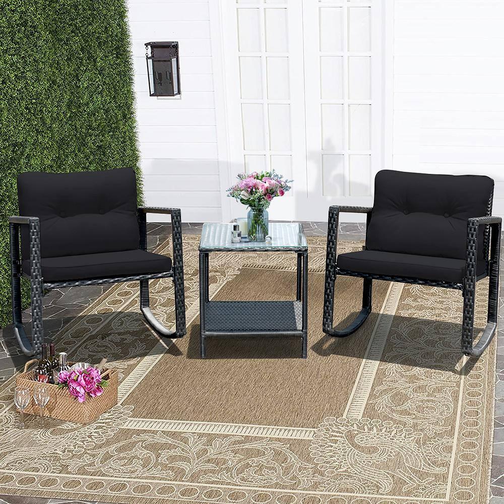 Costway 3PCS Patio Rattan Furniture Set Rocking Chairs Cushioned Sofa Black