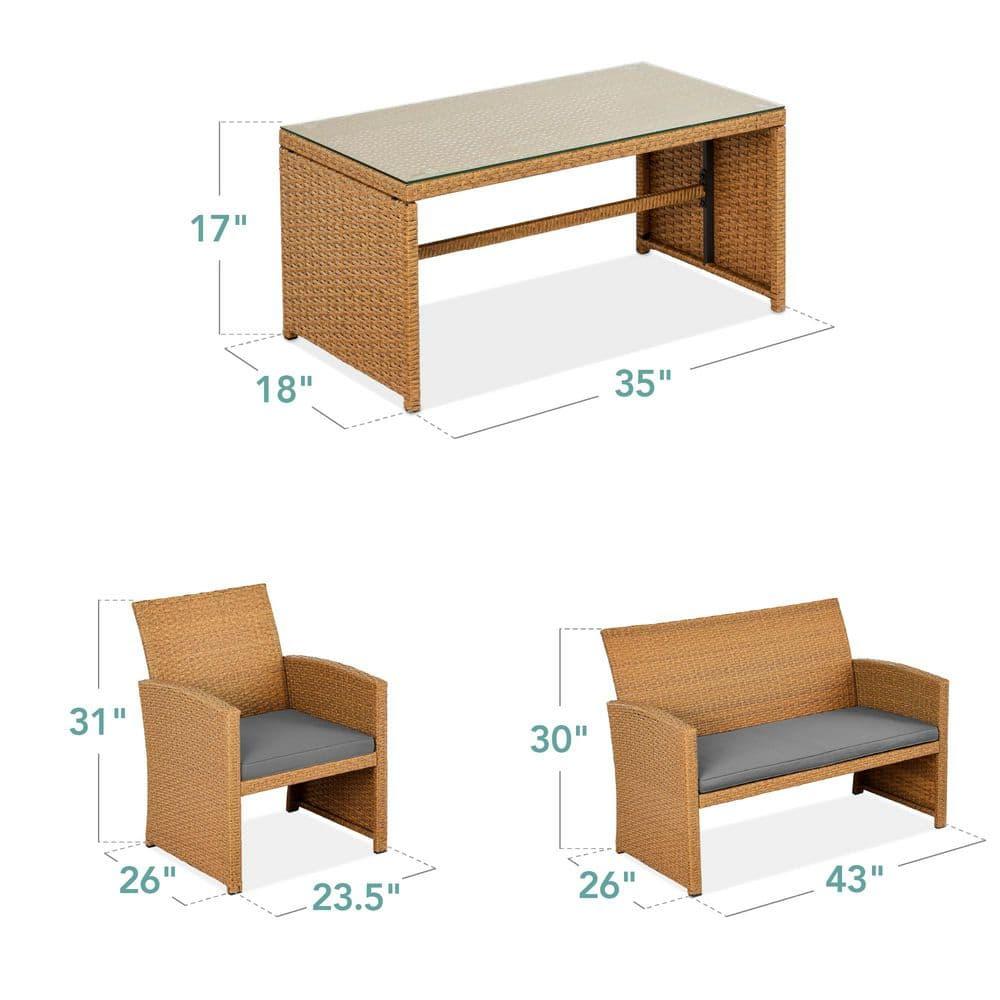 Best Choice Products 4-Piece Outdoor Wicker Patio Conversation Furniture Set w/ Table, Cushions - Natural/Gray