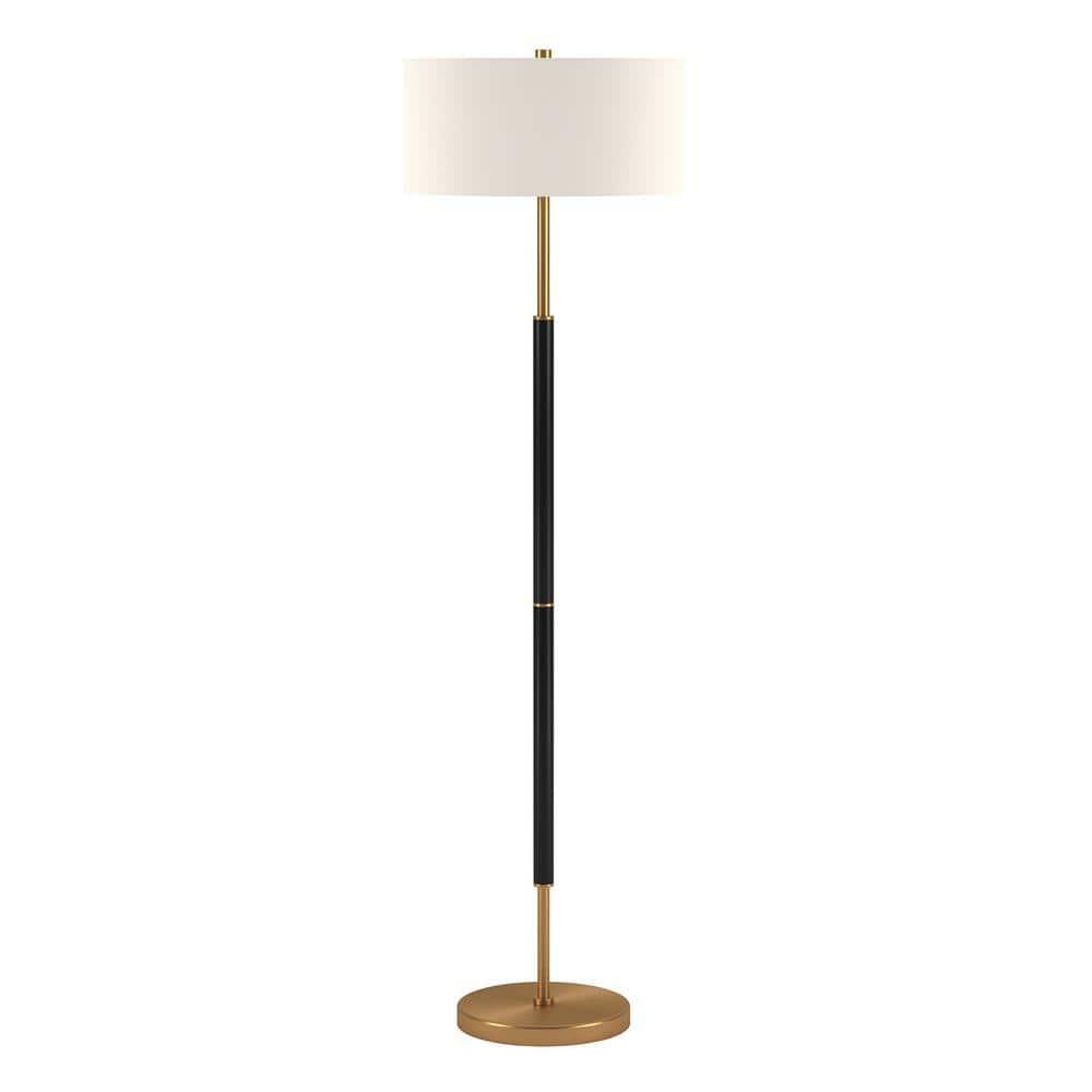 Evelyn&Zoe Simone 2-Light Floor Lamp with Fabric Shade, Matte Black/Brass/White