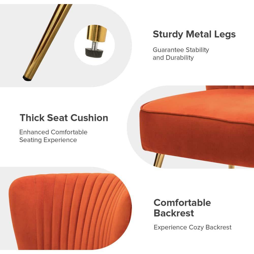Velvet Accent Side Chair Set of 2 Transitional Armless Gold Leg Vanity Living Room Adult Orange