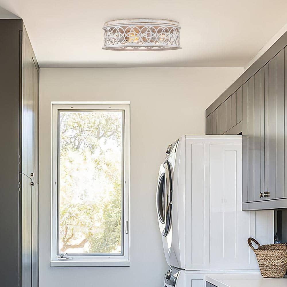 Kira Home Blythe 17" 3-Light Rustic Farmhouse Flush Mount Ceiling Light + Metal Cage Drum Shade, Antique White Finish