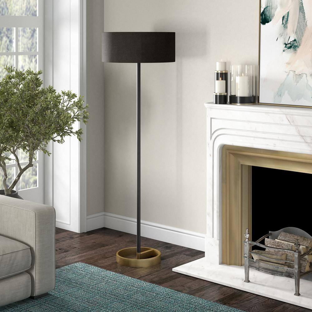 Henn&Hart 20" Matte Black/Brass Metal/Fabric Floor Lamp