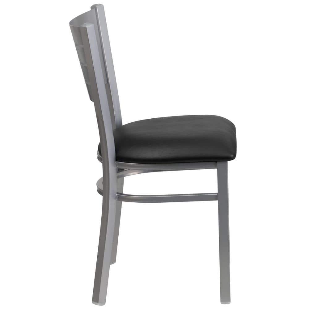 Flash Furniture HERCULES Series Silver Slat Back Metal Restaurant Chair - Black Vinyl Seat