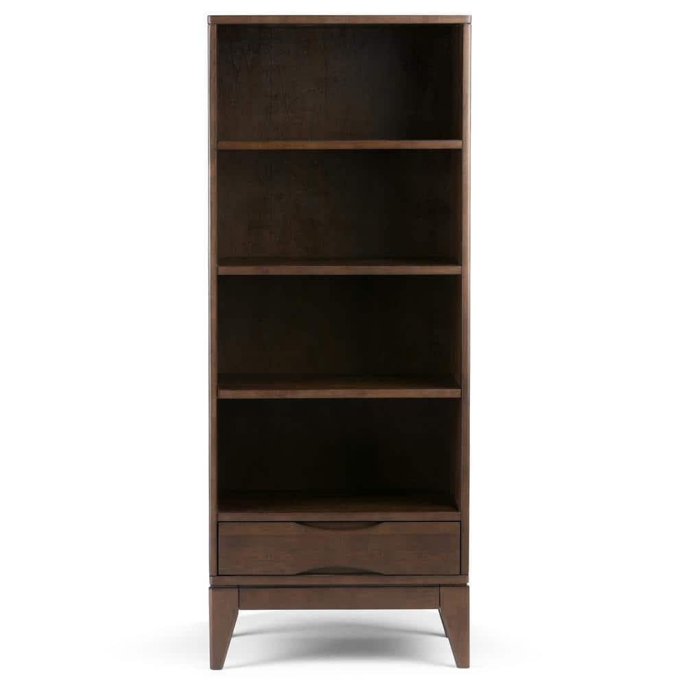 Simpli Home Harper 24"W Solid Hardwood 4 Shelf Mid-Century Modern Bookcase with Drawer and Adjustable Shelves