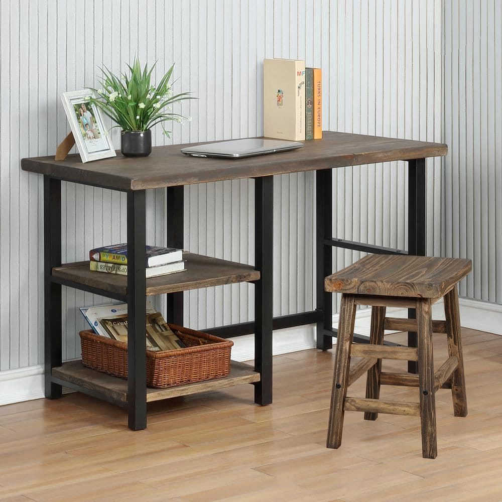 Pomona Writing Desk with Two Shelves Metal and Solid Wood Natural - Alaterre Furniture: Modern Style, Open Storage, Home Office