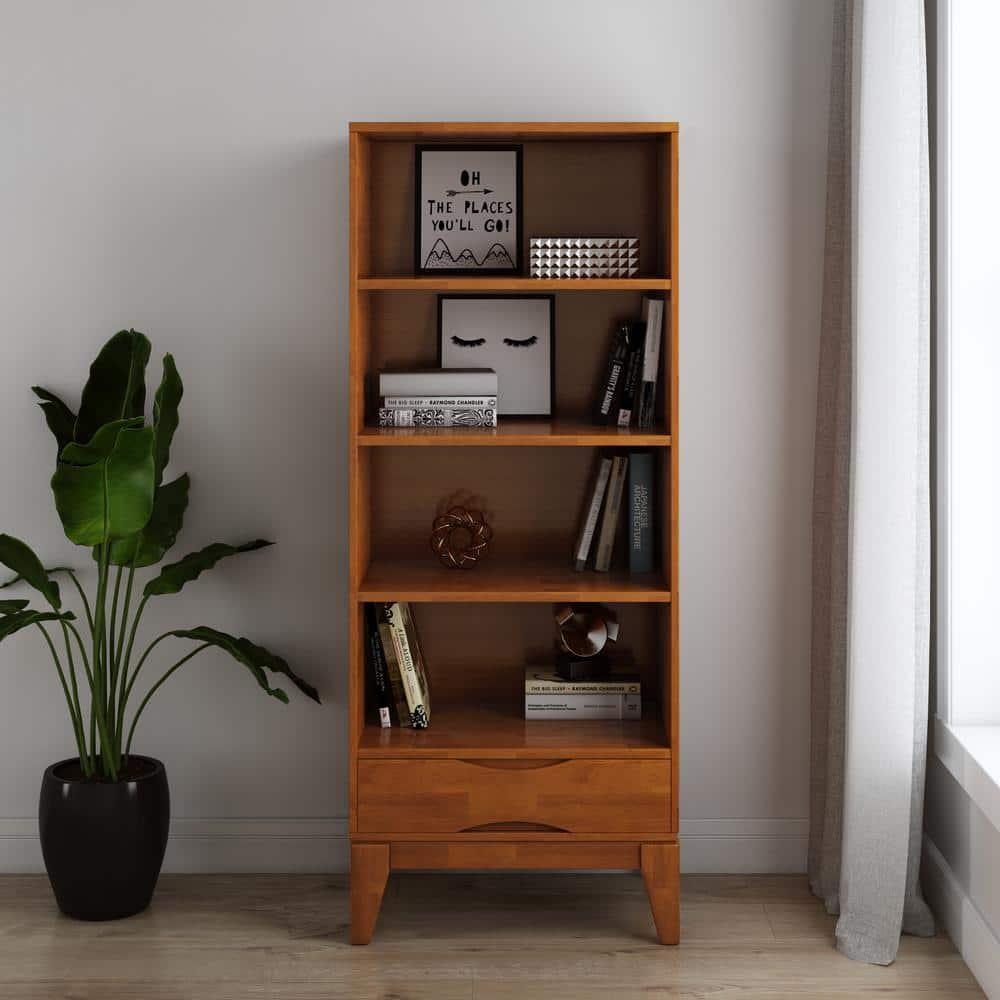 Simpli Home Harper 24"W Solid Hardwood 4 Shelf Mid-Century Modern Bookcase with Drawer and Adjustable Shelves