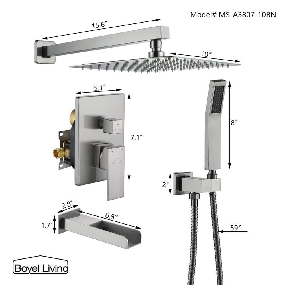 Boyel Living 10 In Wall Mounted Shower System 3-Function Rain Shower Head Shower Faucet Set with Handheld Spray Bathroom Waterfall Tub Spout Brushed Nickel